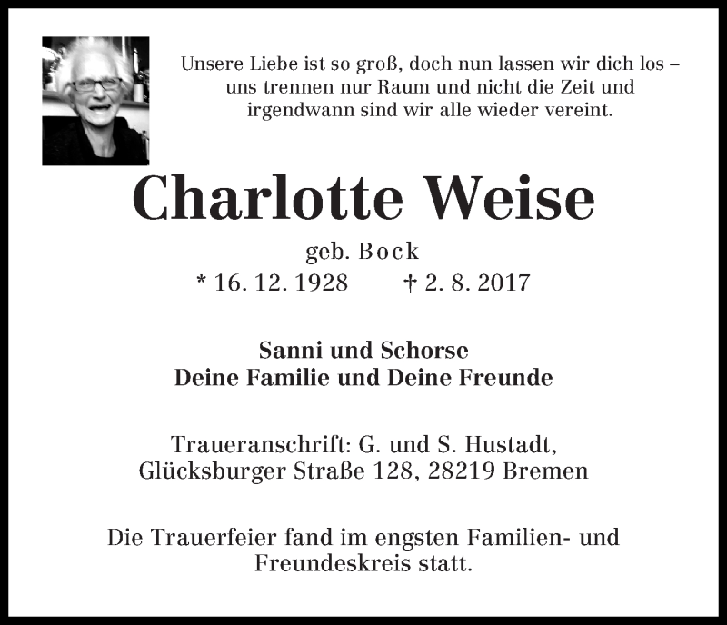 Traueranzeige von Charlotte Weise von WESER-KURIER