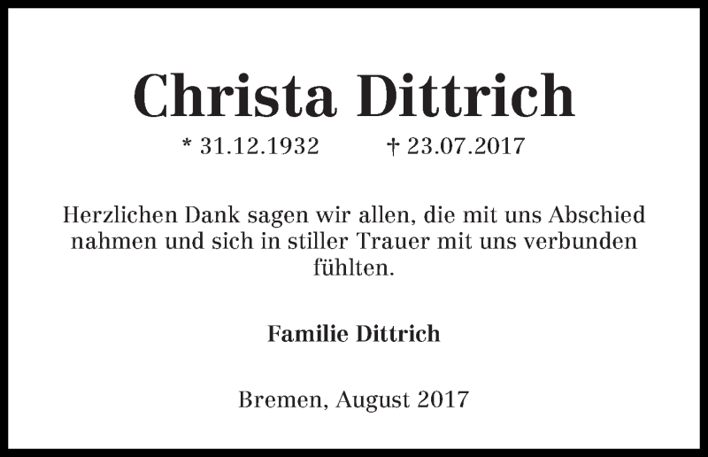 Traueranzeige von Christa Dittrich von Die Norddeutsche