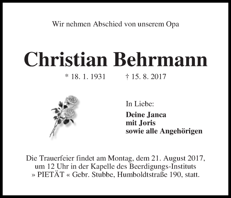 Traueranzeige von Christian Behrmann von WESER-KURIER