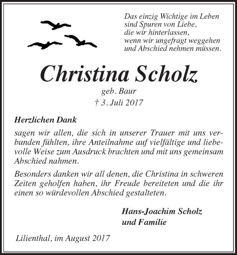 Traueranzeige von Christina Scholz von Wuemme Zeitung