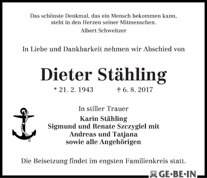 Traueranzeige von Dieter Stähling von WESER-KURIER