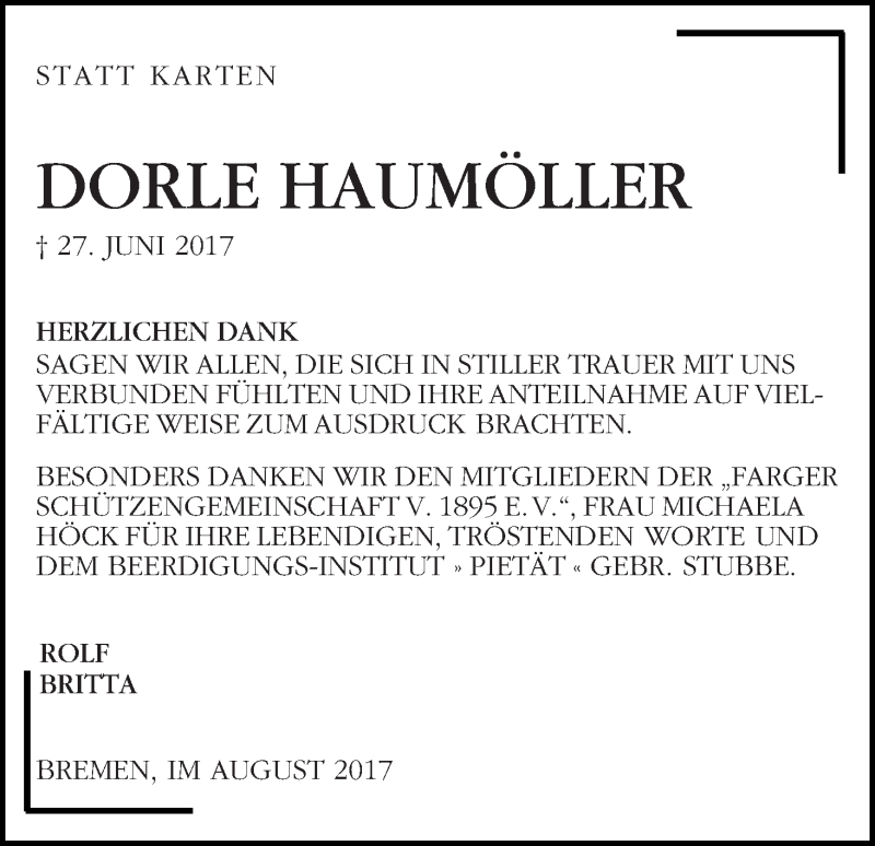 Traueranzeige von Dorle Haumöller von WESER-KURIER