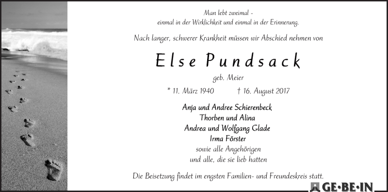 Traueranzeige von Else Pundsack von WESER-KURIER