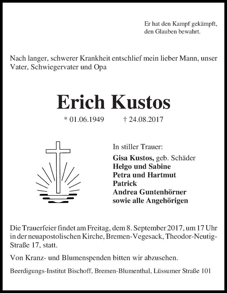Traueranzeige von Erich Kustos von Die Norddeutsche