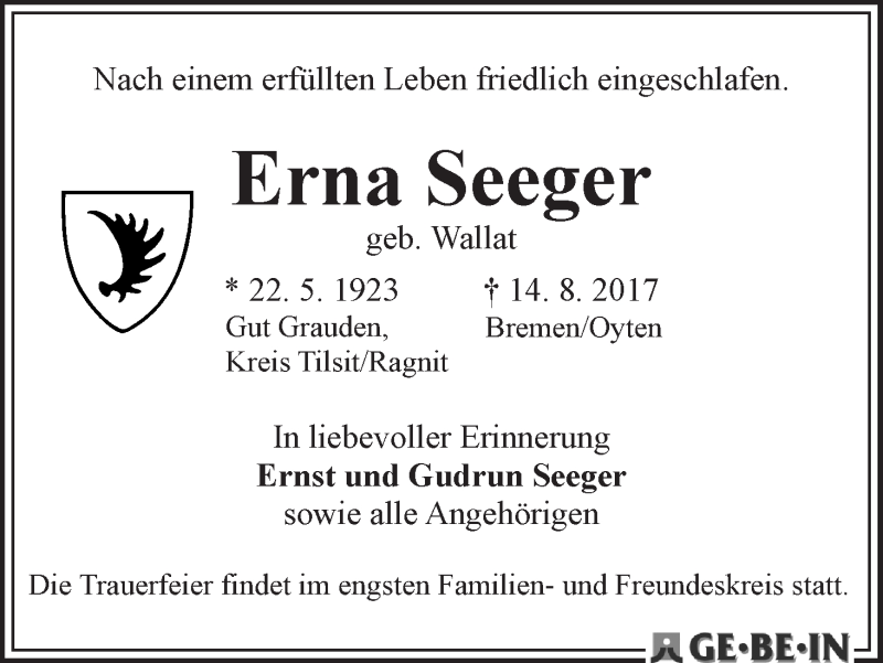 Traueranzeige von Erna Seeger von WESER-KURIER