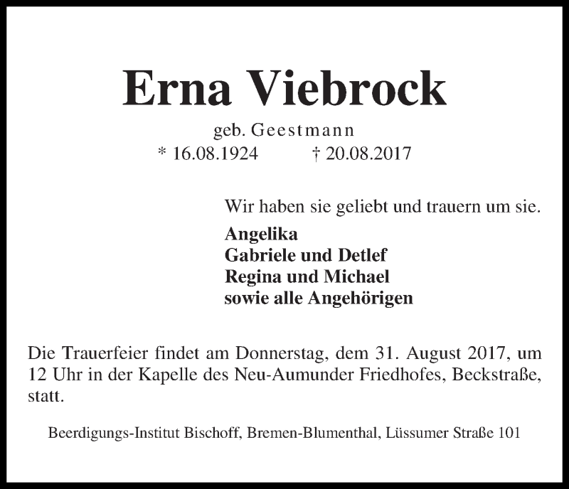 Traueranzeige von Erna Viebrock von Die Norddeutsche