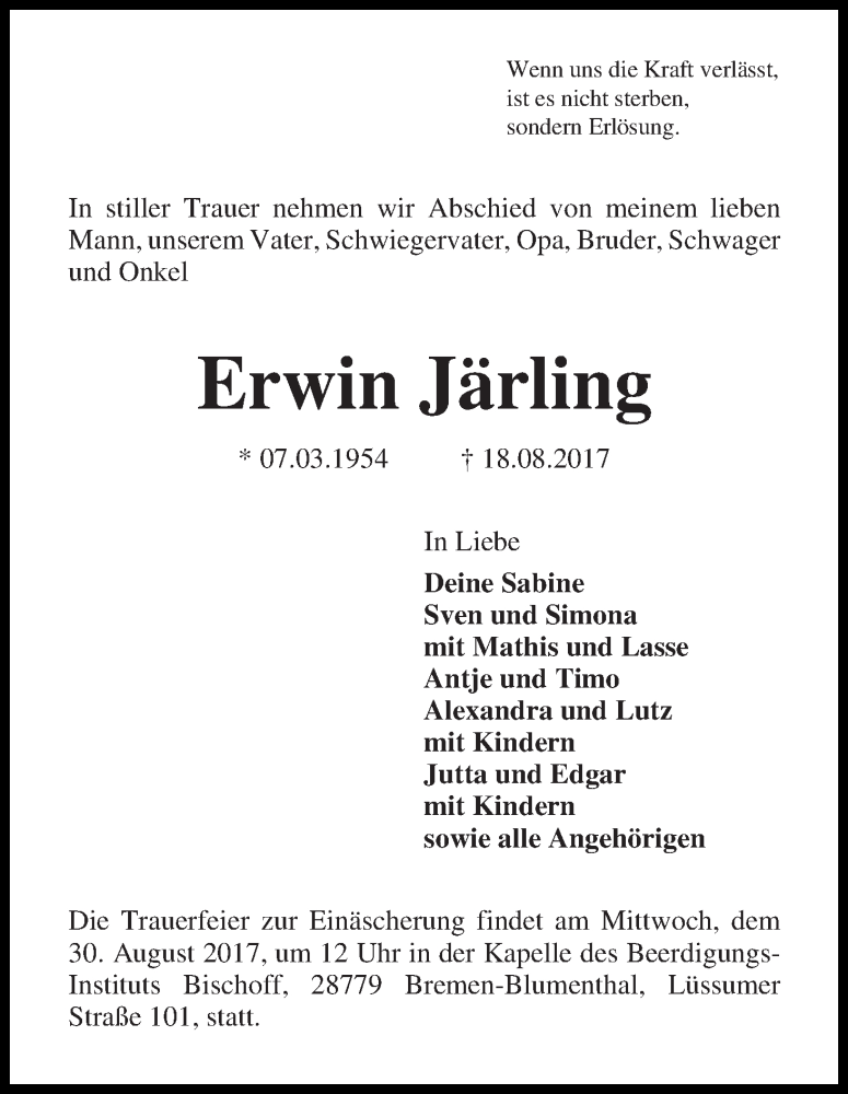 Traueranzeige von Erwin Järling von Die Norddeutsche