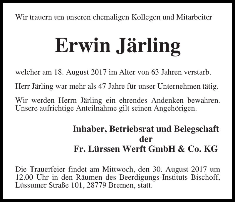 Traueranzeige von Erwin Järling von Die Norddeutsche
