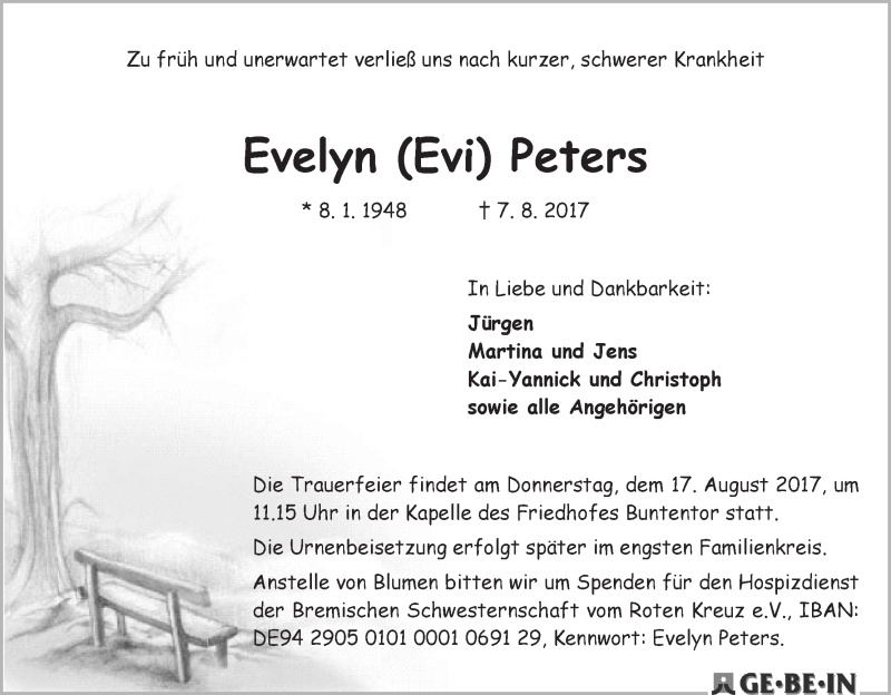 Traueranzeige von Evelyn (Evi) Peters von WESER-KURIER