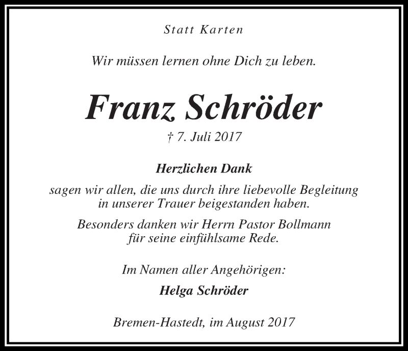 Traueranzeige von Franz Schröder von WESER-KURIER
