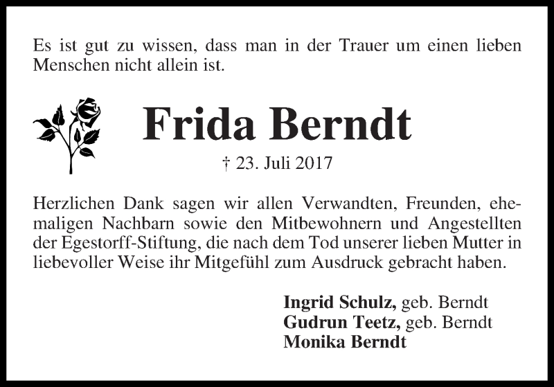 Traueranzeige von Frida Berndt von WESER-KURIER