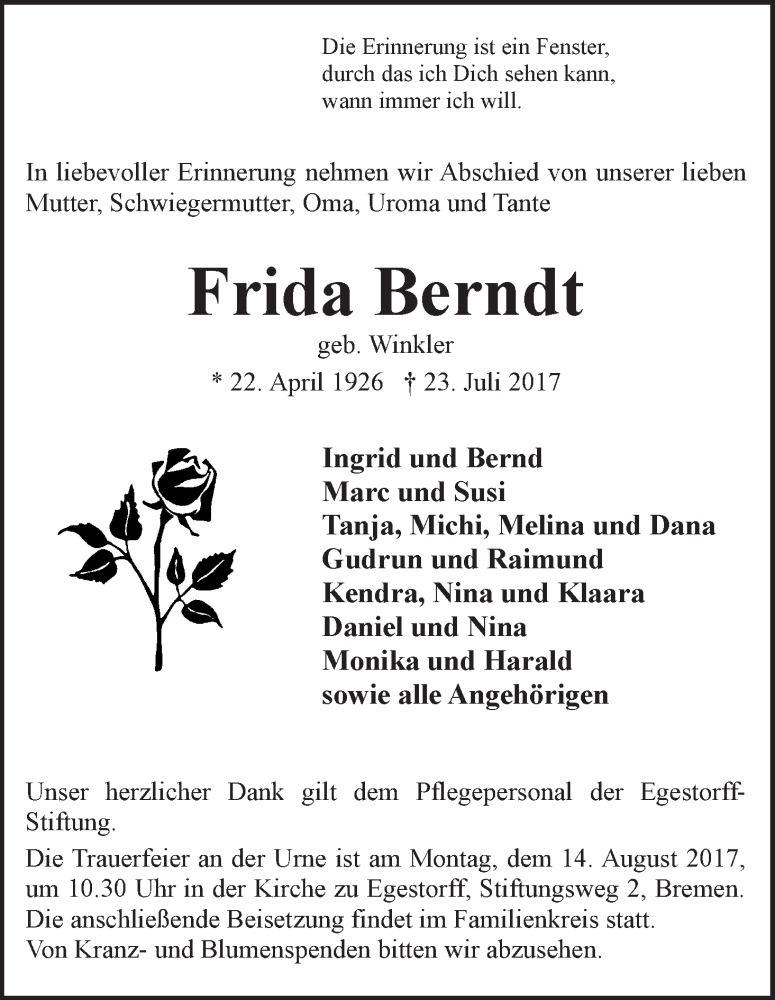 Traueranzeige von Frida Berndt von WESER-KURIER
