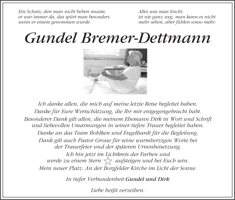 Traueranzeige von Gundel Bremer-Dettmann von WESER-KURIER