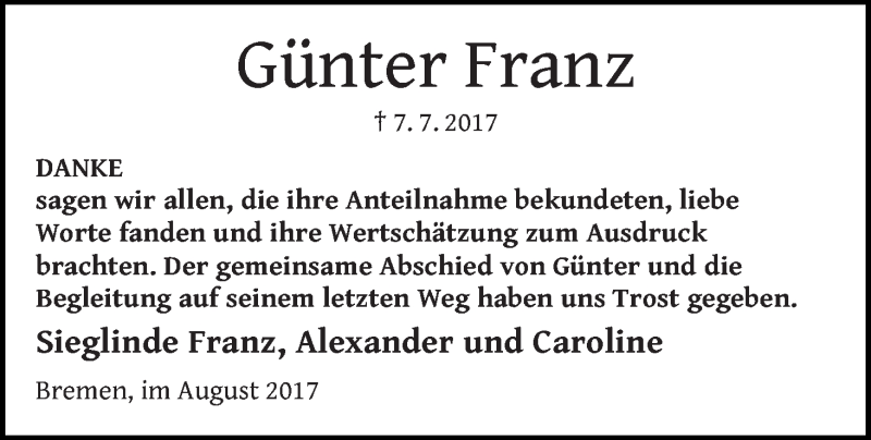 Traueranzeige von Günter Franz von Die Norddeutsche