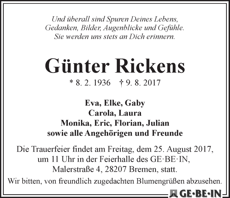 Traueranzeige von Günter Rickens von WESER-KURIER
