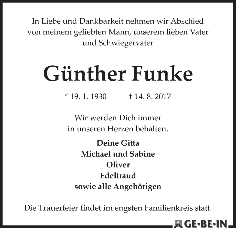 Traueranzeige von Günther Funke von WESER-KURIER