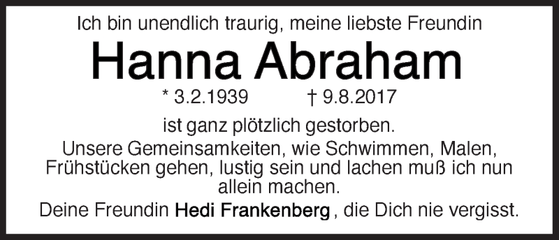 Traueranzeige von Hanna Abraham von WESER-KURIER