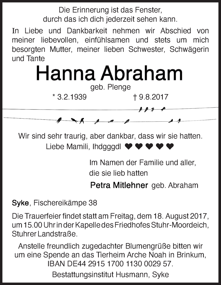 Traueranzeige von Hanna Abraham von WESER-KURIER