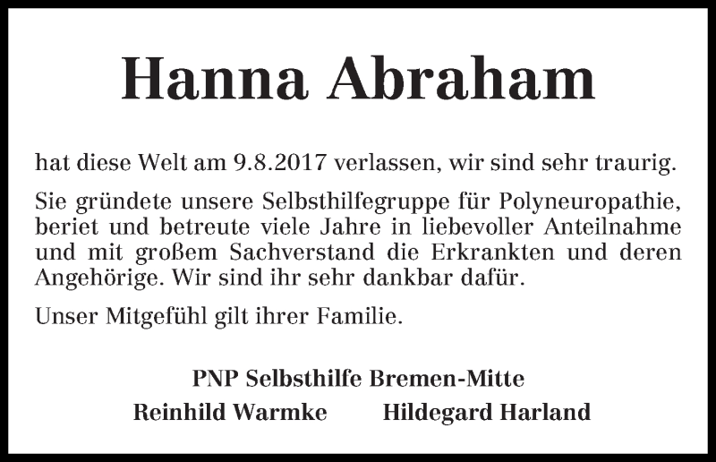 Traueranzeige von Hanna Abraham von WESER-KURIER