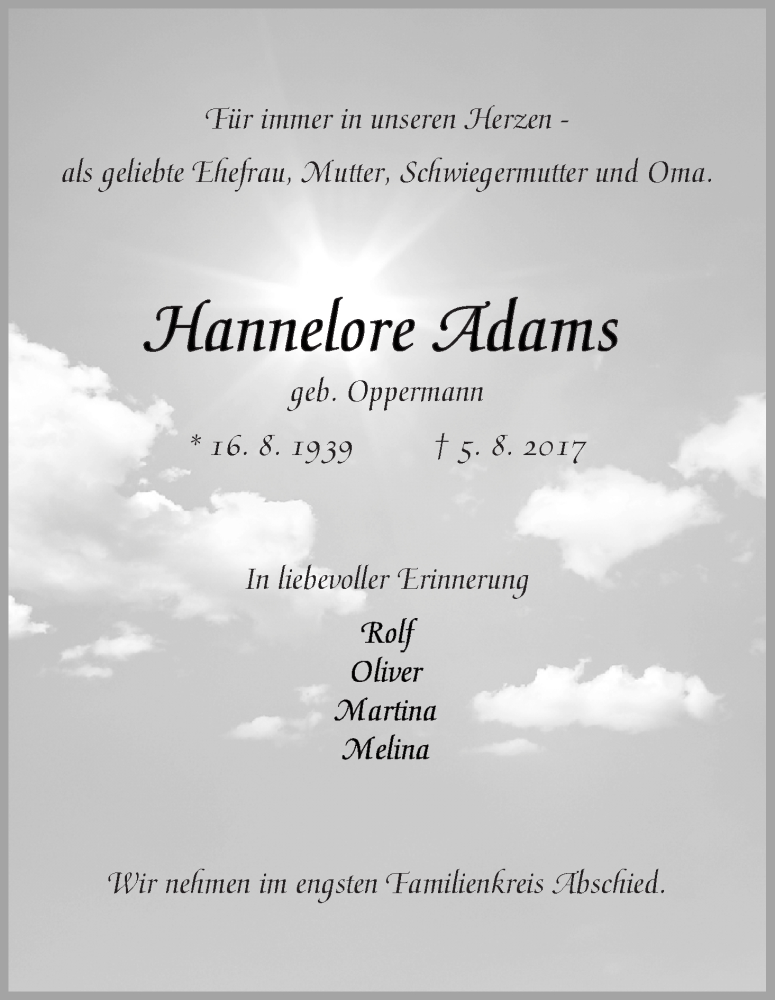 Traueranzeige von Hannelore Adams von WESER-KURIER