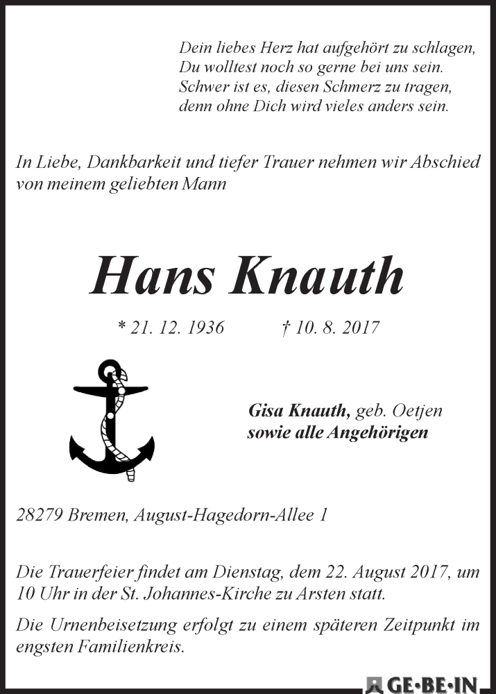 Traueranzeige von Hans Knauth von WESER-KURIER
