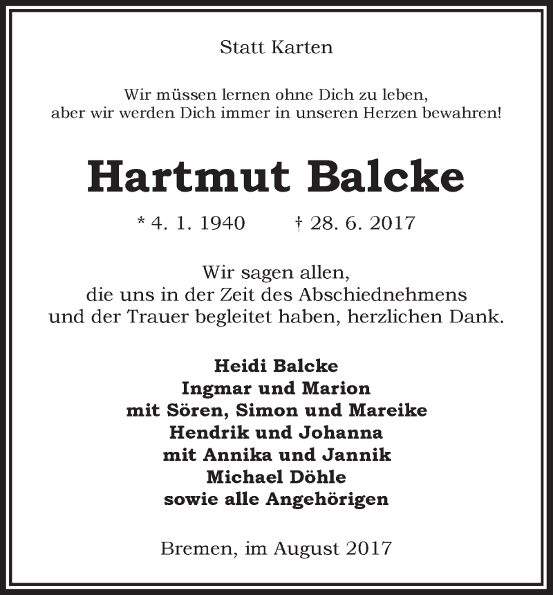 Traueranzeige von Hartmut Balcke von WESER-KURIER