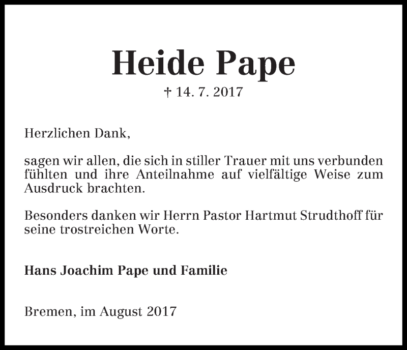 Traueranzeige von Heide Pape von WESER-KURIER