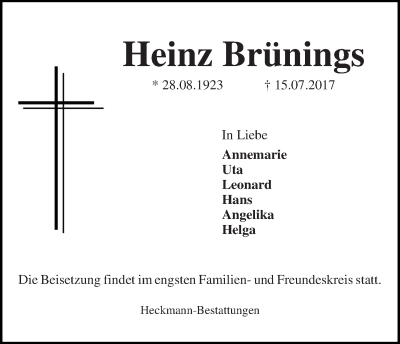 Traueranzeige von Heinz Brünings von Die Norddeutsche