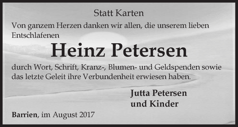 Traueranzeige von Heinz Petersen von Regionale Rundschau/Syker Kurier