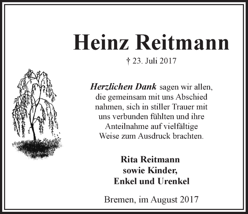 Traueranzeige von Heinz Reitmann von WESER-KURIER