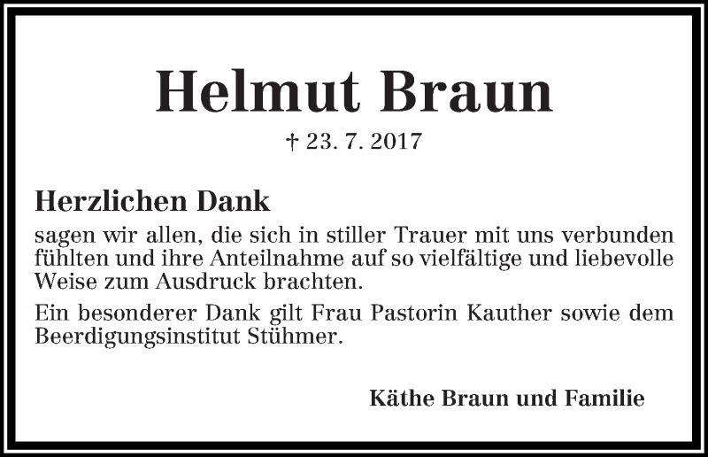 Traueranzeige von Helmut Braun von Die Norddeutsche