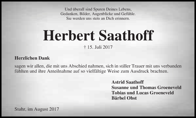 Traueranzeige von Herbert Saathoff von WESER-KURIER