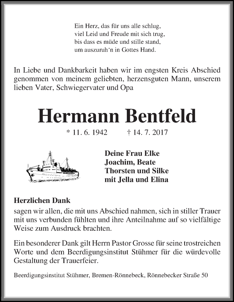 Traueranzeige von Hermann Bentfeld von Die Norddeutsche