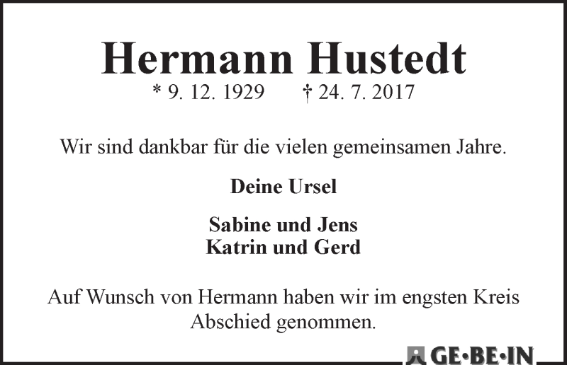 Traueranzeige von Hermann Hustedt von WESER-KURIER