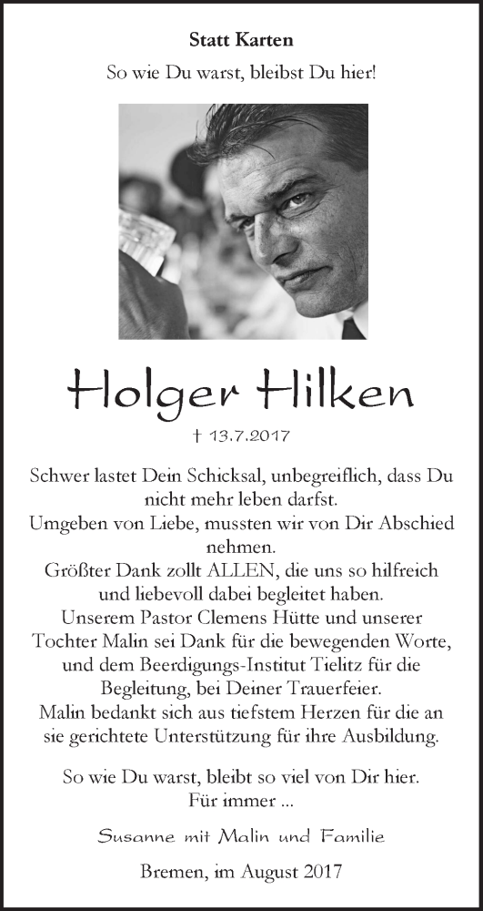 Traueranzeige von Holger Hilken von Wuemme Zeitung