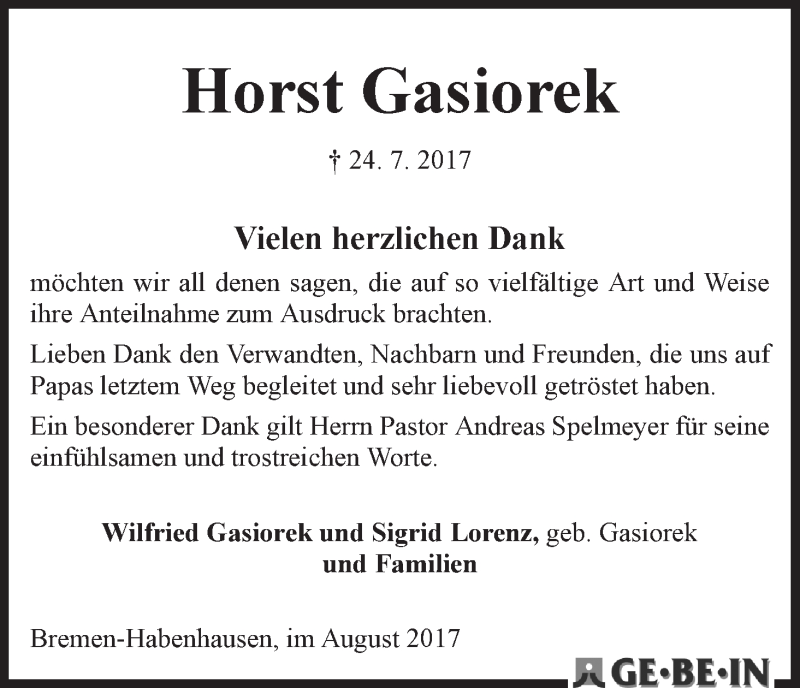 Traueranzeige von Horst Gasiorek von WESER-KURIER