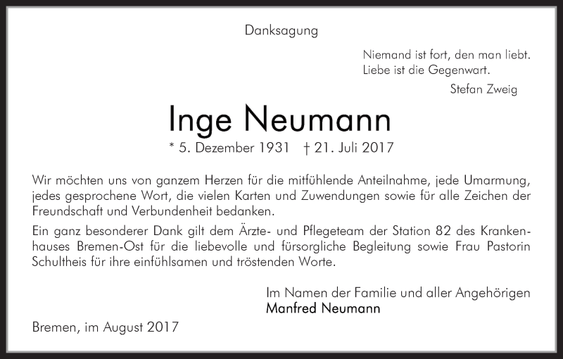 Traueranzeige von Inge Neumann von WESER-KURIER