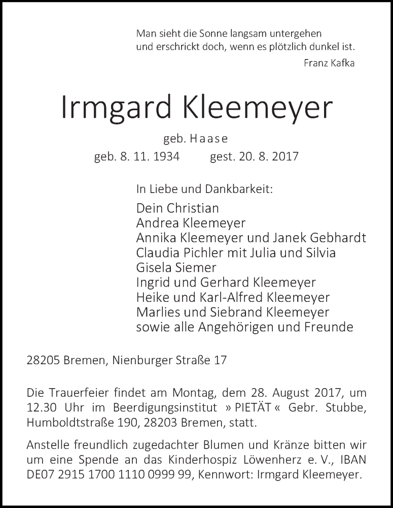 Traueranzeige von Irmgard Kleemeyer von WESER-KURIER