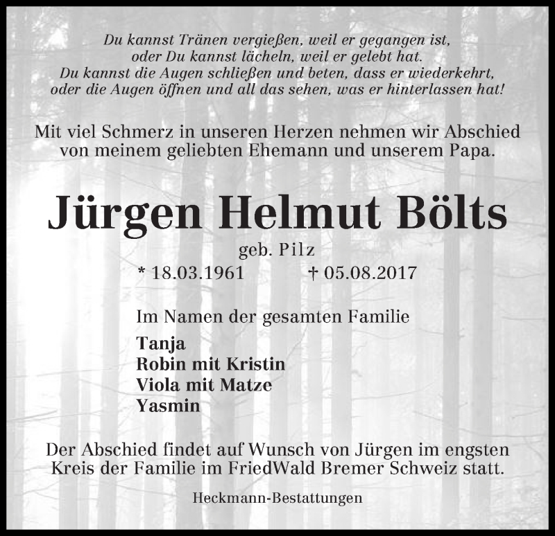 Traueranzeige von Jürgen Helmut Bölts von Die Norddeutsche