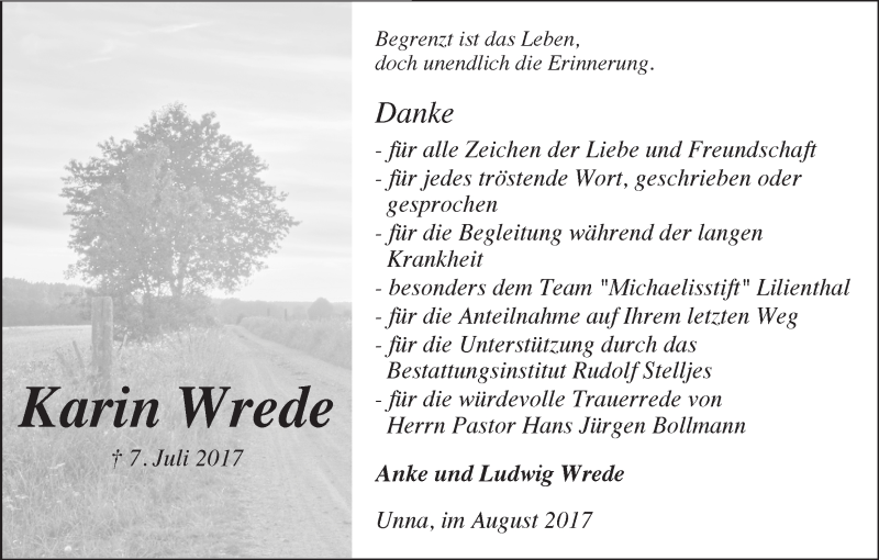 Traueranzeige von Karin Wrede von Wuemme Zeitung
