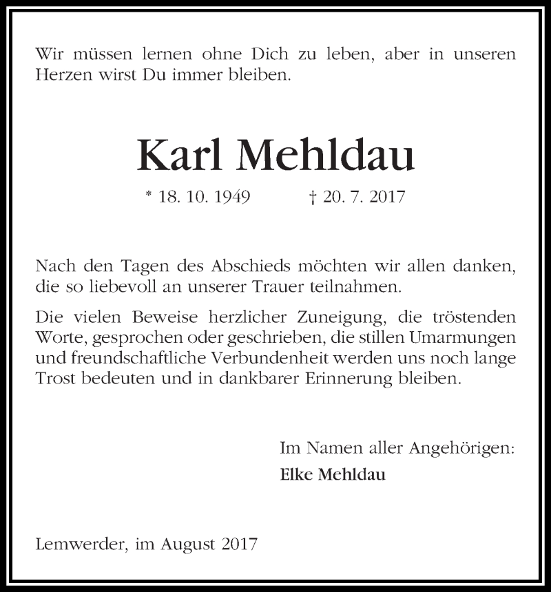 Traueranzeige von Karl Mehldau von Die Norddeutsche