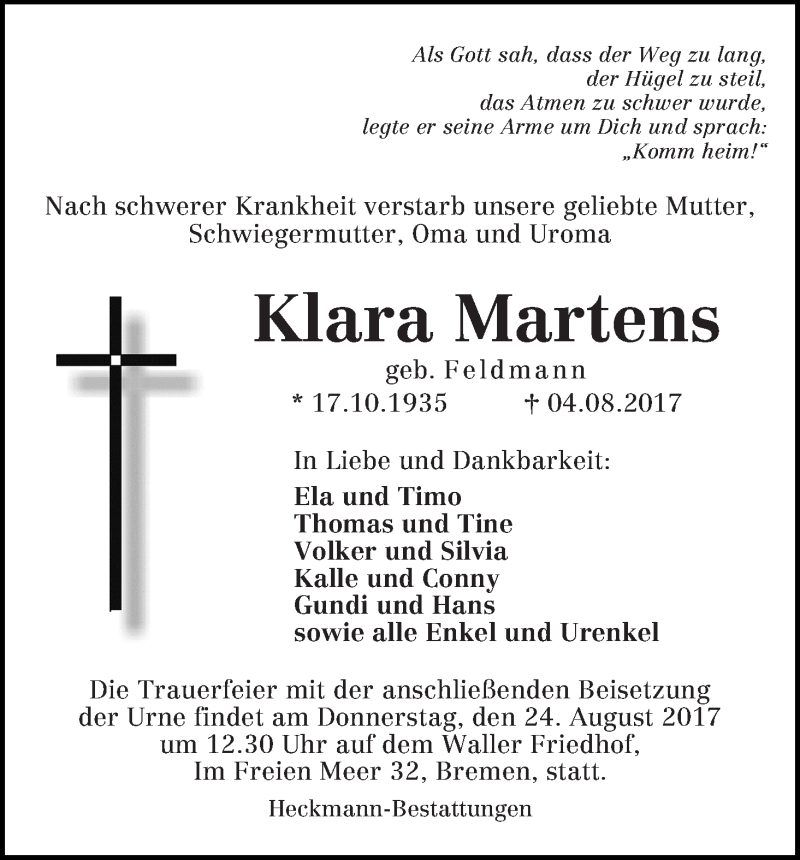 Traueranzeige von Klara Martens von WESER-KURIER