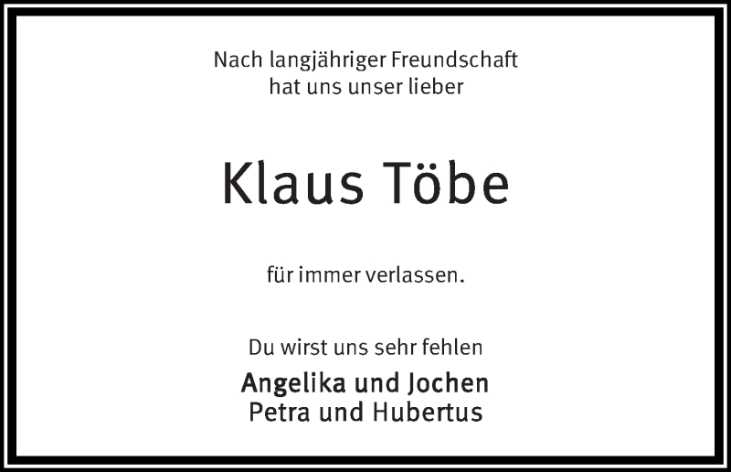 Traueranzeige von Klaus Töbe von Die Norddeutsche