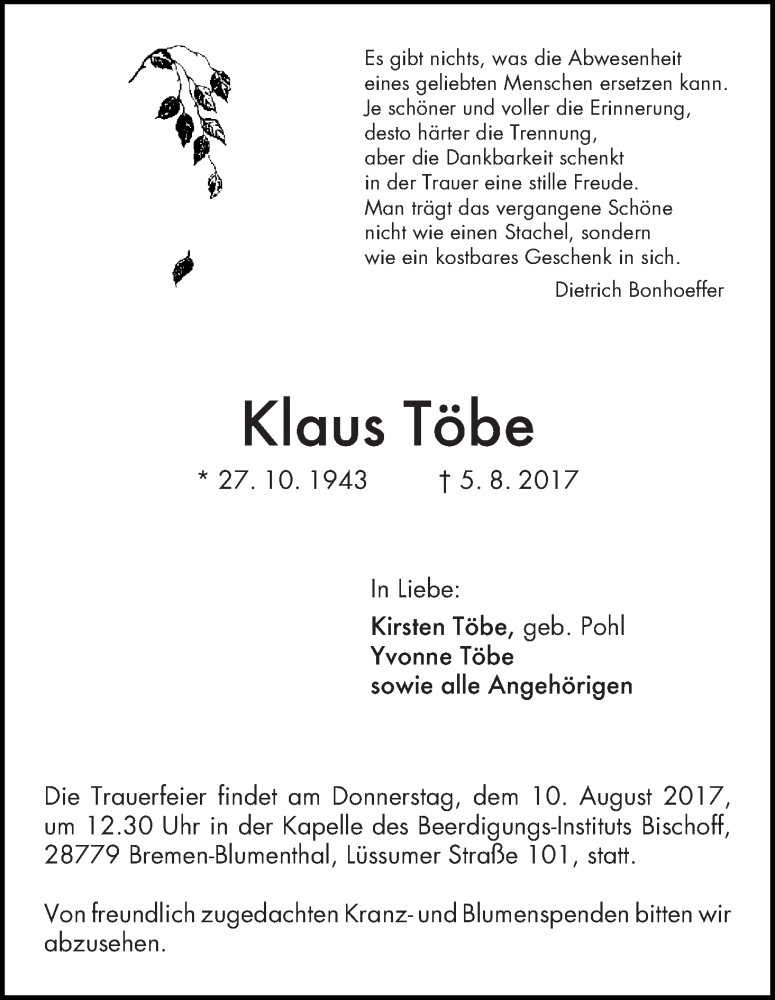 Traueranzeige von Klaus Töbe von Die Norddeutsche