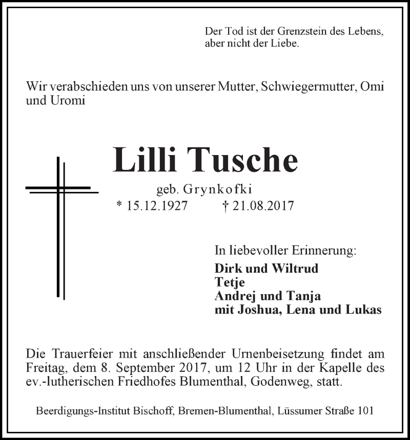 Traueranzeige von Lilli Tusche von Die Norddeutsche