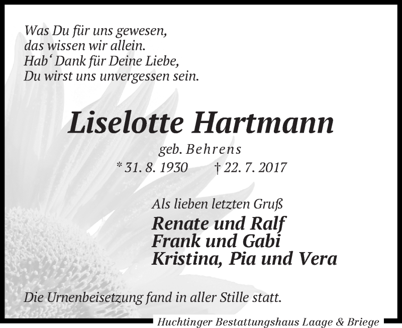 Traueranzeige von Liselotte Hartmann von WESER-KURIER