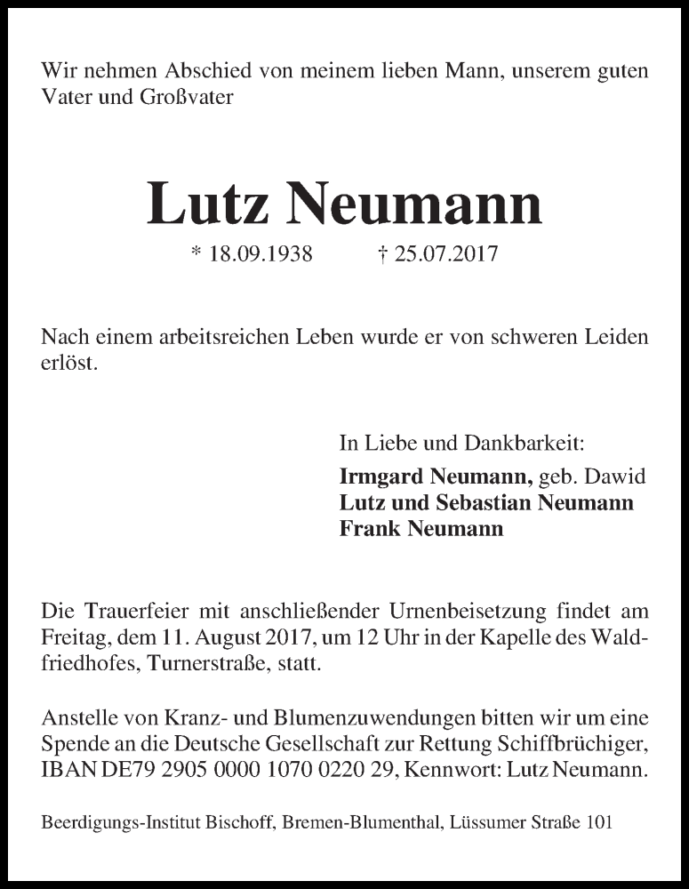Traueranzeige von Lutz Neumann von Die Norddeutsche