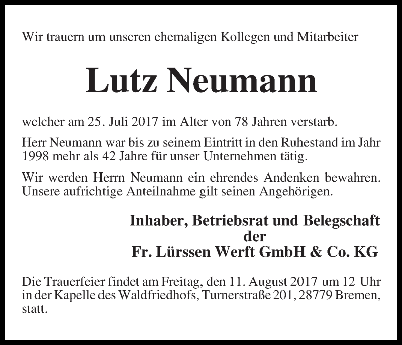 Traueranzeige von Lutz Neumann von Die Norddeutsche
