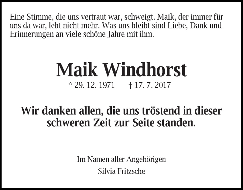Traueranzeige von Maik Windhorst von WESER-KURIER