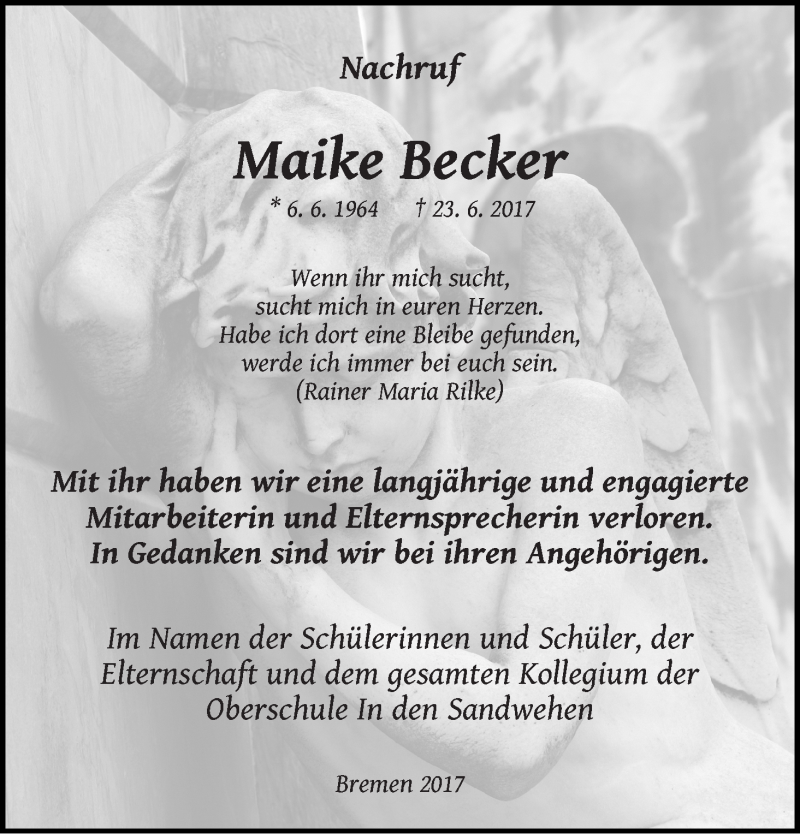 Traueranzeige von Maike Becker von Die Norddeutsche